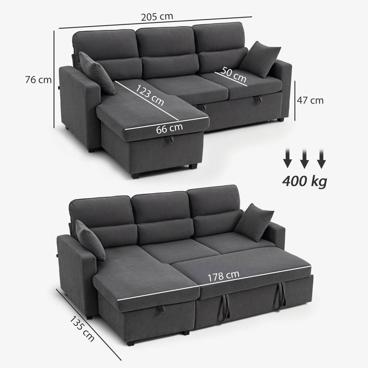 Sofá-cama Ajustável, Sofá de Hóspedes em L com Função Cama, Baú, Almofadas, para Sala de Estar, Quarto de Hóspedes, Cinza Escuro — foto 2