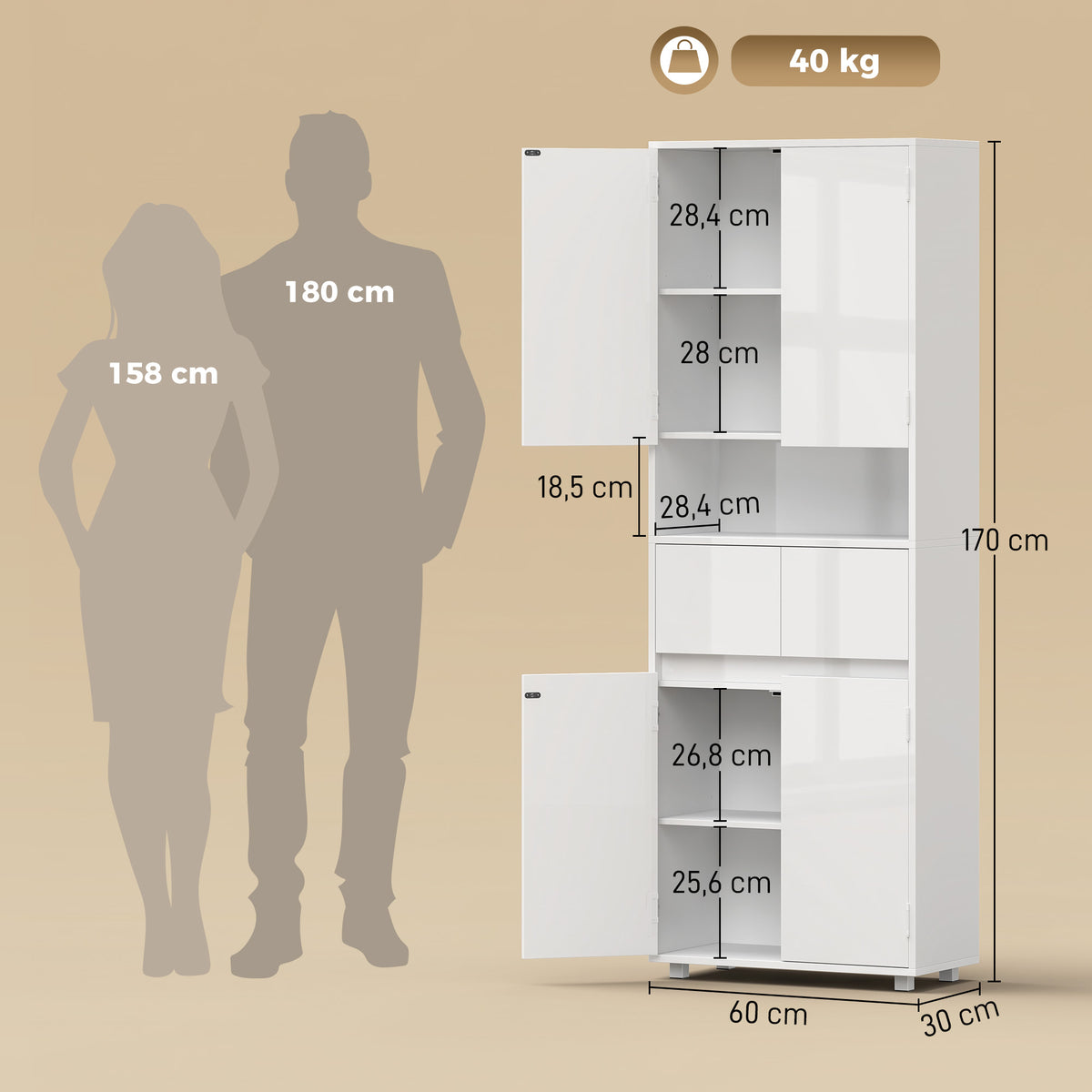 Móvel Alto Slim para Banheiro Branco Brilhante com Gavetas e Prateleiras 60x30x170 cm Branco Brilhante — foto 2