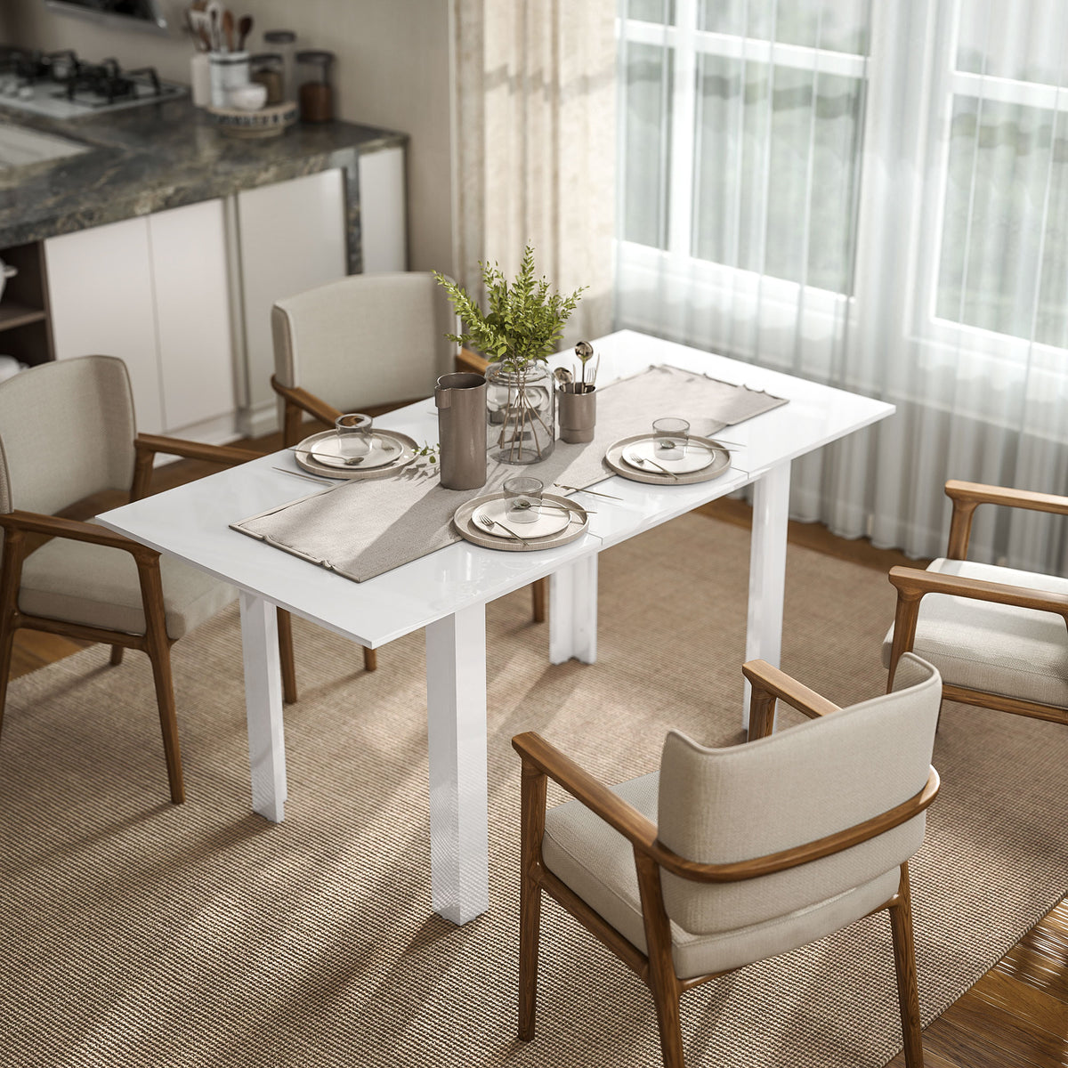 Mesa de jantar extensível, 120-160 x 70 cm, mesa de cozinha ajustável para 4-6 pessoas, MDF, branco alto brilho — imagem 3