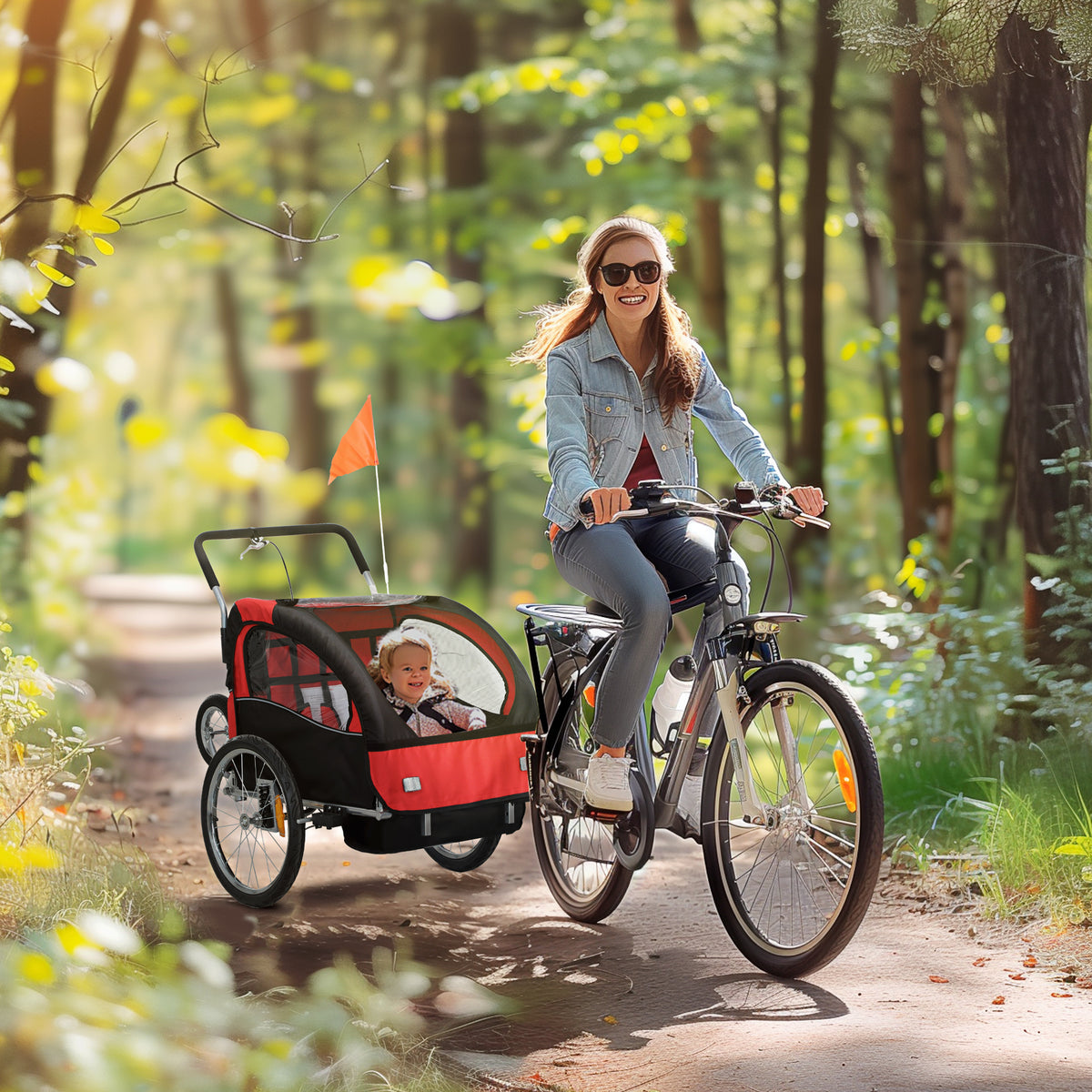 Reboque de Bicicleta Infantil 2 em 1 com Cinto de Segurança 5 Pontos Refletores Bandeira e Cortina Corta-vento Vermelho — imagem 3