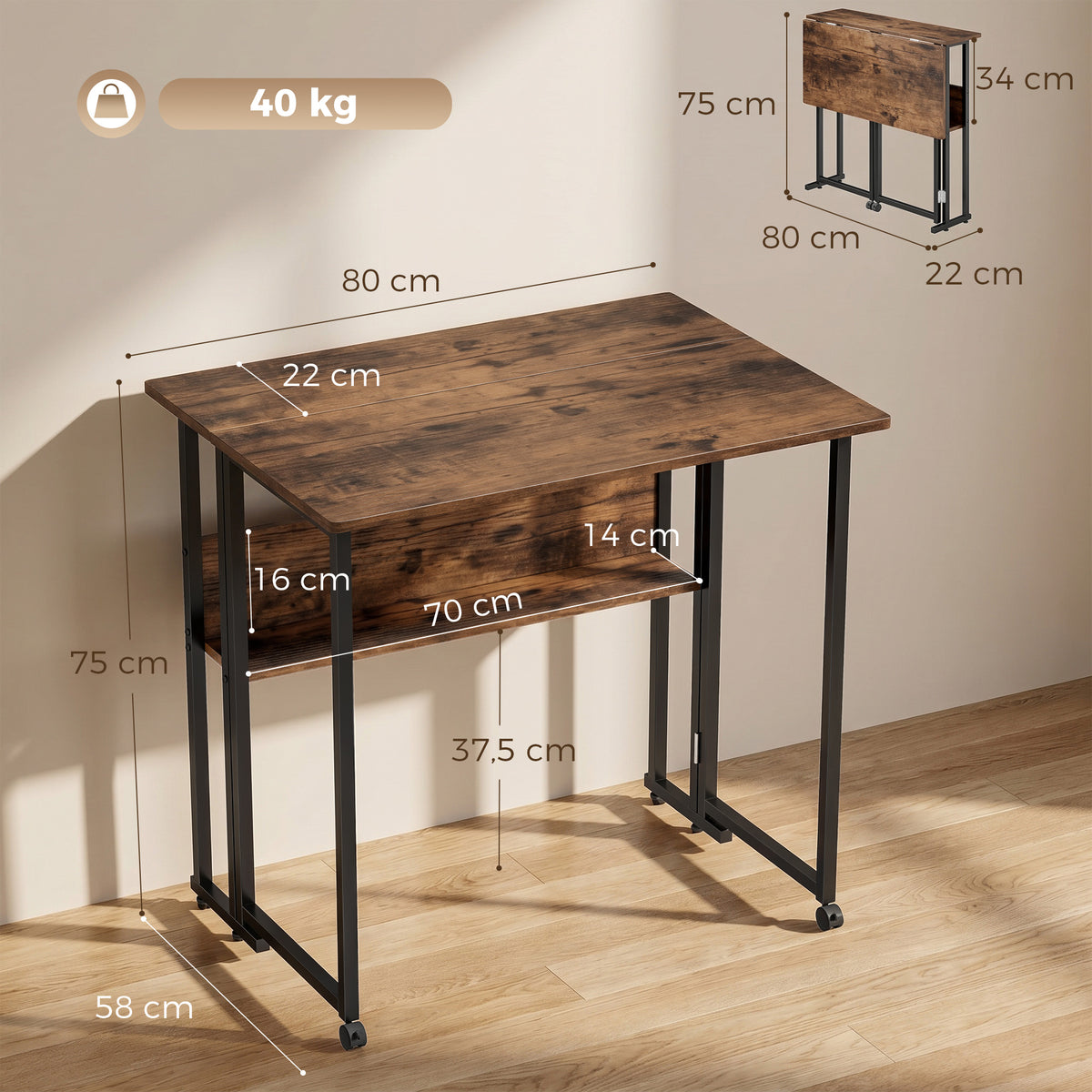 Mesa dobrável com prateleira, mesa de 80 cm para espaços pequenos, escritório, Castanho Rústico — foto 2