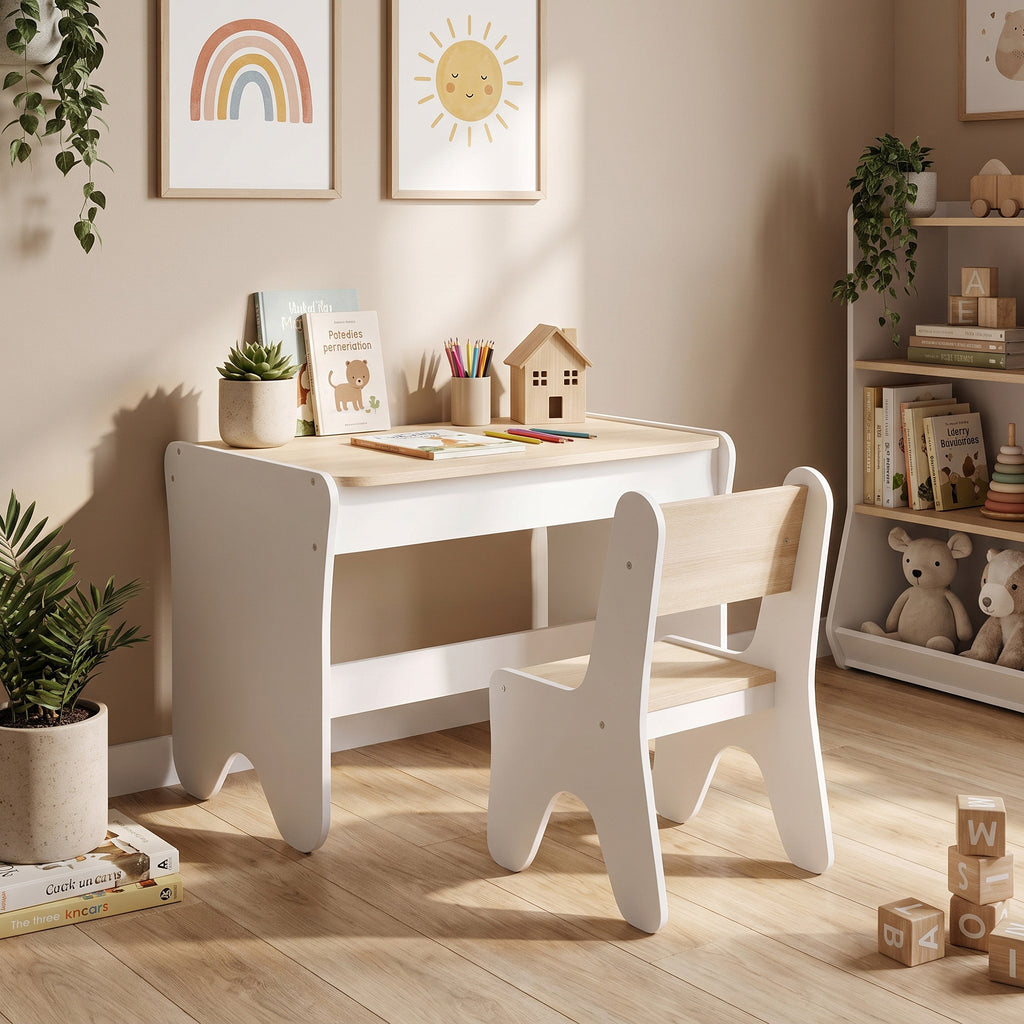 Mesa e Cadeira Infantil para Desenhar e Ler com Gaveta Branco e Madeira — imagem 8