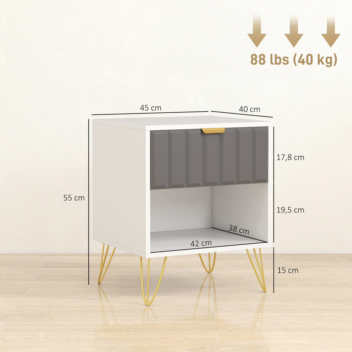 Mesa de Cabeceira Mesa de Apoio Compartimento Aberto Gaveta e Puxador Pés em Aço 45x40x55 Branco e Cinza — foto 2