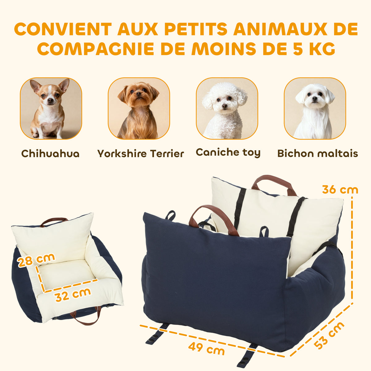 Assento de carro para cão com cinto de segurança e fixação assento de carro para cão acolchoado 49x53x36cm azul-marinho — foto 2