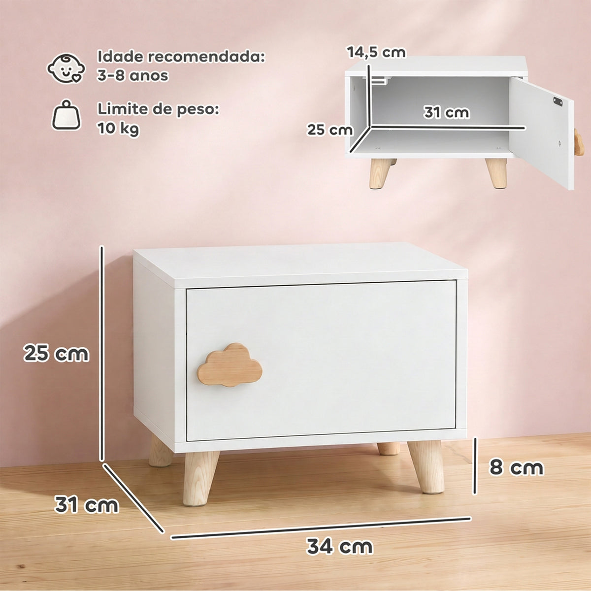 Mesa de Cabeceira Infantil com Compartimento Montessori, Pés de Madeira, 3-8 Anos, 34x31x25 cm, Branco — foto 2