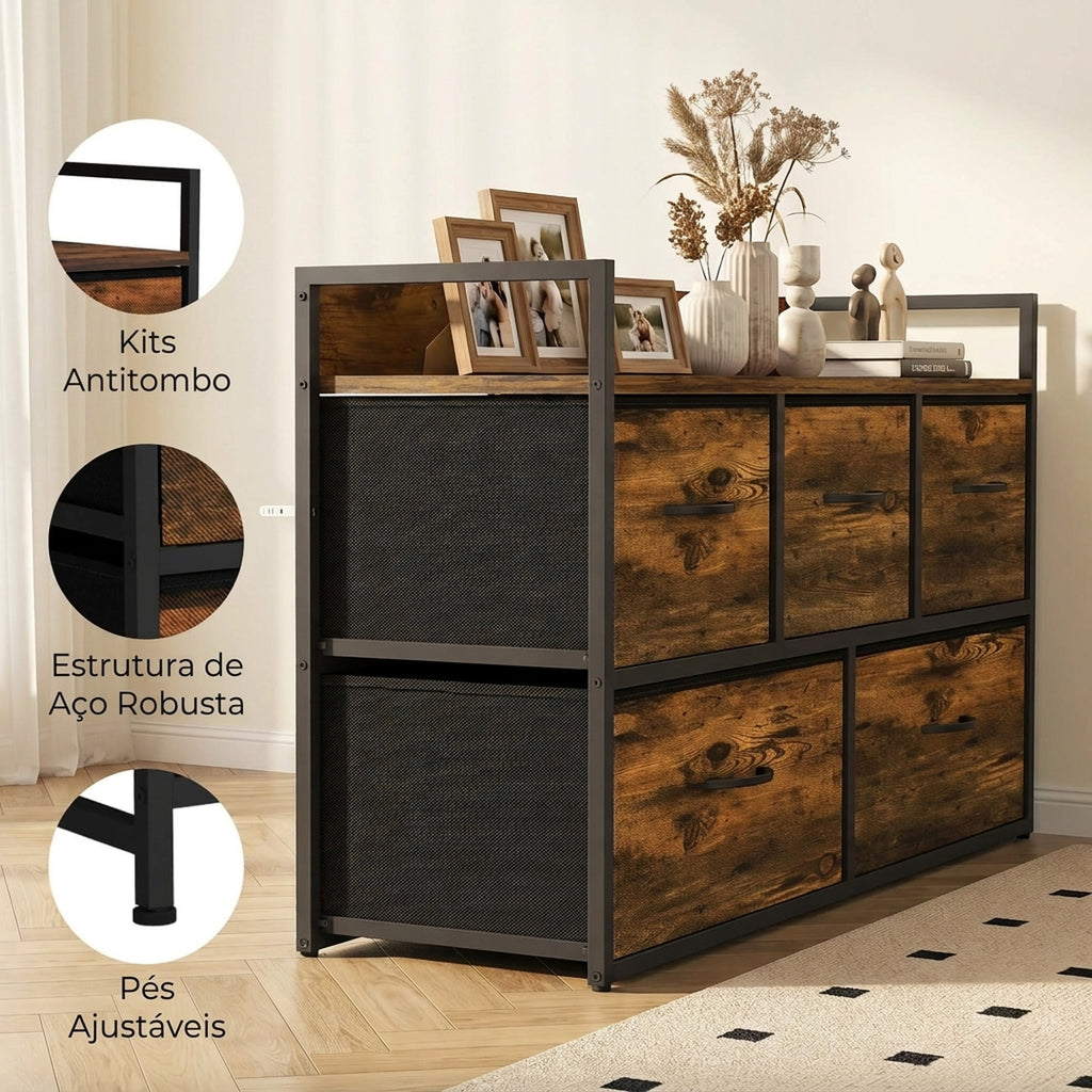Cómoda de Quarto com 5 Gavetas, Cómoda em Tecido com Tampo de Madeira, Castanho e Preto — imagem 7