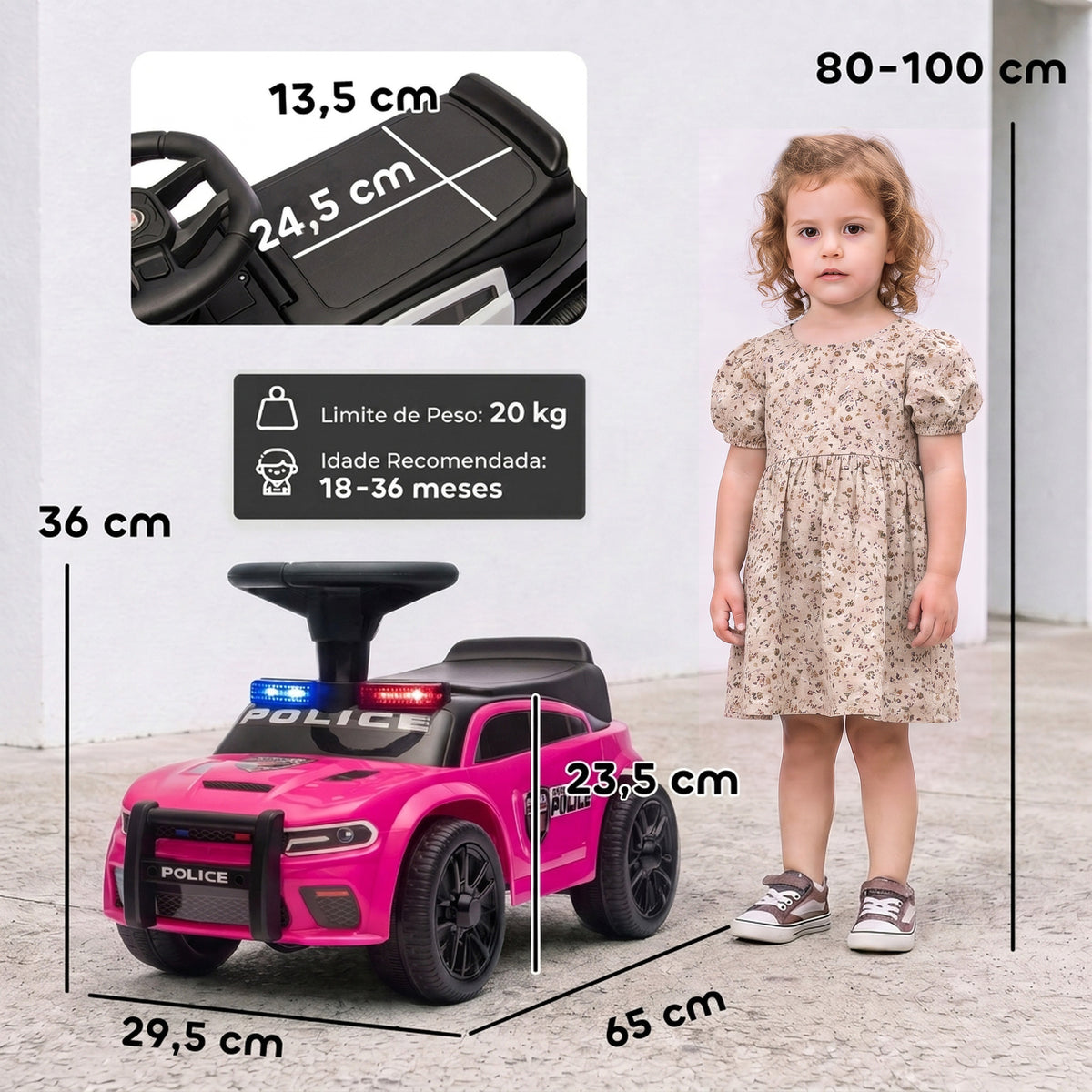 Carro Andador de Polícia para Crianças 18-36 Meses com Luz, Música e Arrumação, 65x29,5x36 cm, Rosa — foto 2