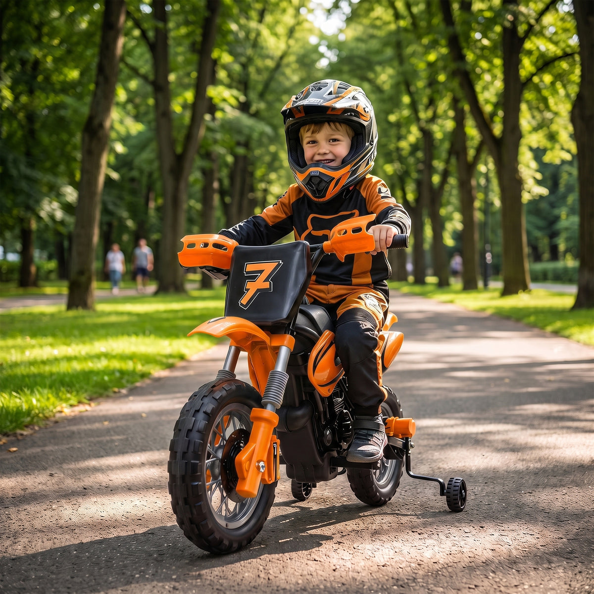 Moto Elétrica Infantil 12V com 2 Rodas Auxiliares Removíveis, 2 Motores, Suspensão Traseira, Música, 3 km/h, 3-6 Anos, Laranja — imagem 3