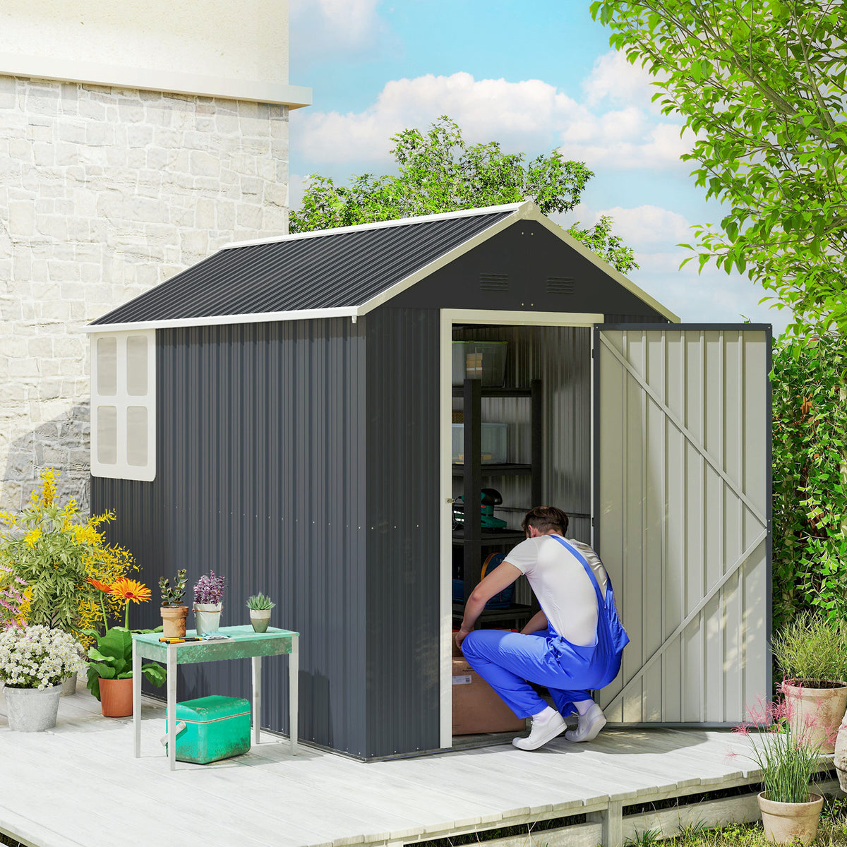 Abrigo de jardim, casa de ferramentas metálica, porta dupla, janela, 259x172x222 cm, Cinza/Branco — imagem 3