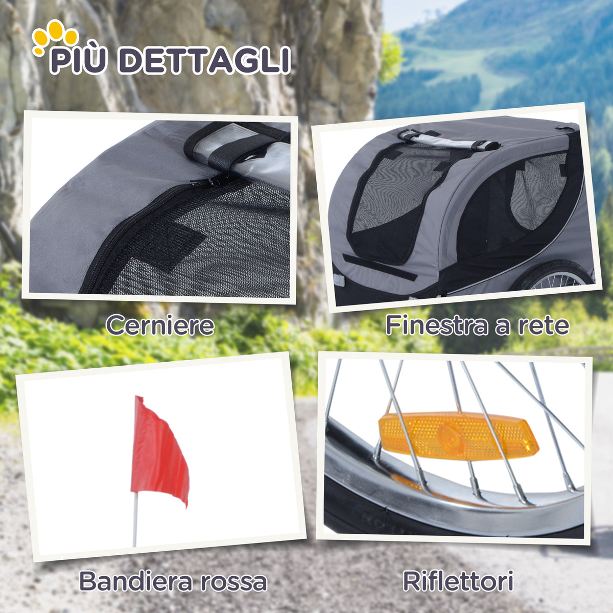 Reboque para Bicicleta de Cães Tamanho Médio com Janelas Laterais e Bandeirinha, 130x73x90 cm, Cinza e Preto — foto 2