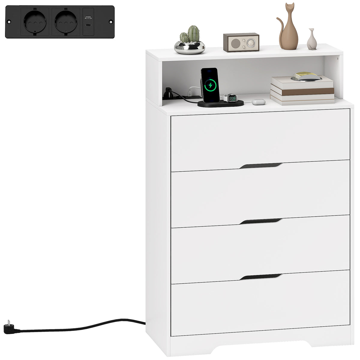 Cómoda com 4 Gavetas e Estação de Carregamento Móvel de Arrumação para Quarto com Porta USB Porta USB-C Prateleira Aberta 80x40x120 cm Branco — foto 1