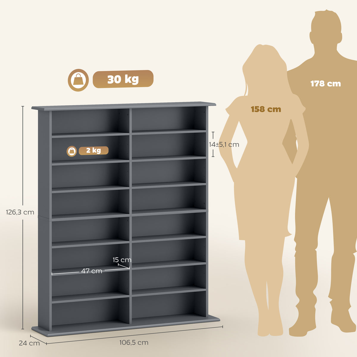 Móvel para CD e DVD com 16 Compartimentos e 12 Prateleiras Ajustáveis Capacidade Máx. 720 CD/396 DVD e Blu-ray Cinza — foto 2