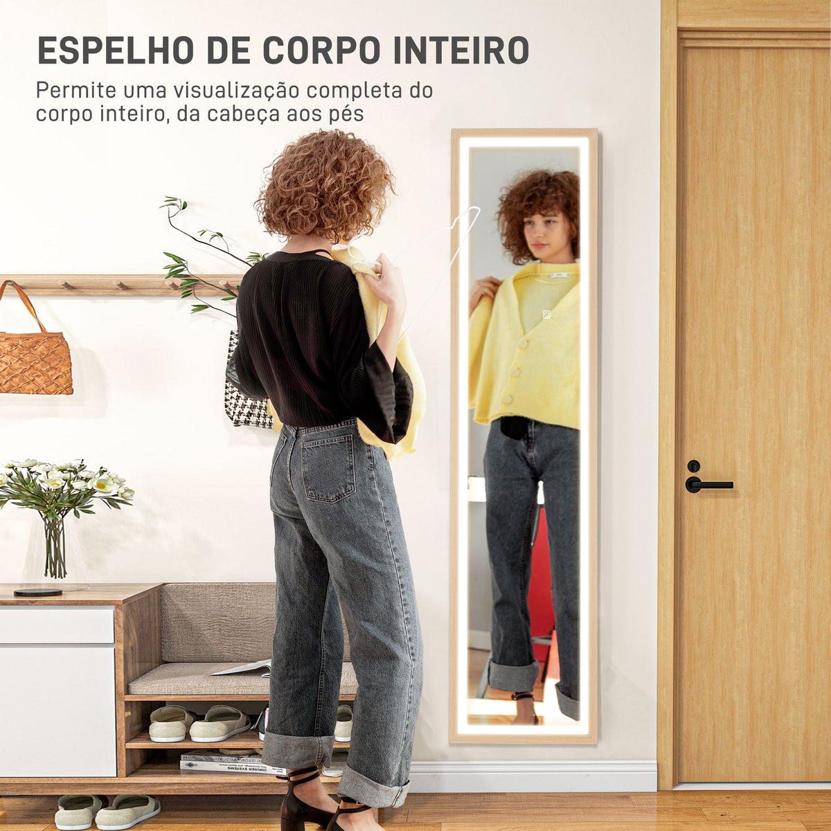 Espelho de Pé com Luz LED 40x160 cm Espelho de Corpo Inteiro com Iluminação de 3 Cores Tátil Função de Memória e Suporte para Sala de Estar Dormitório Madeira — foto 4