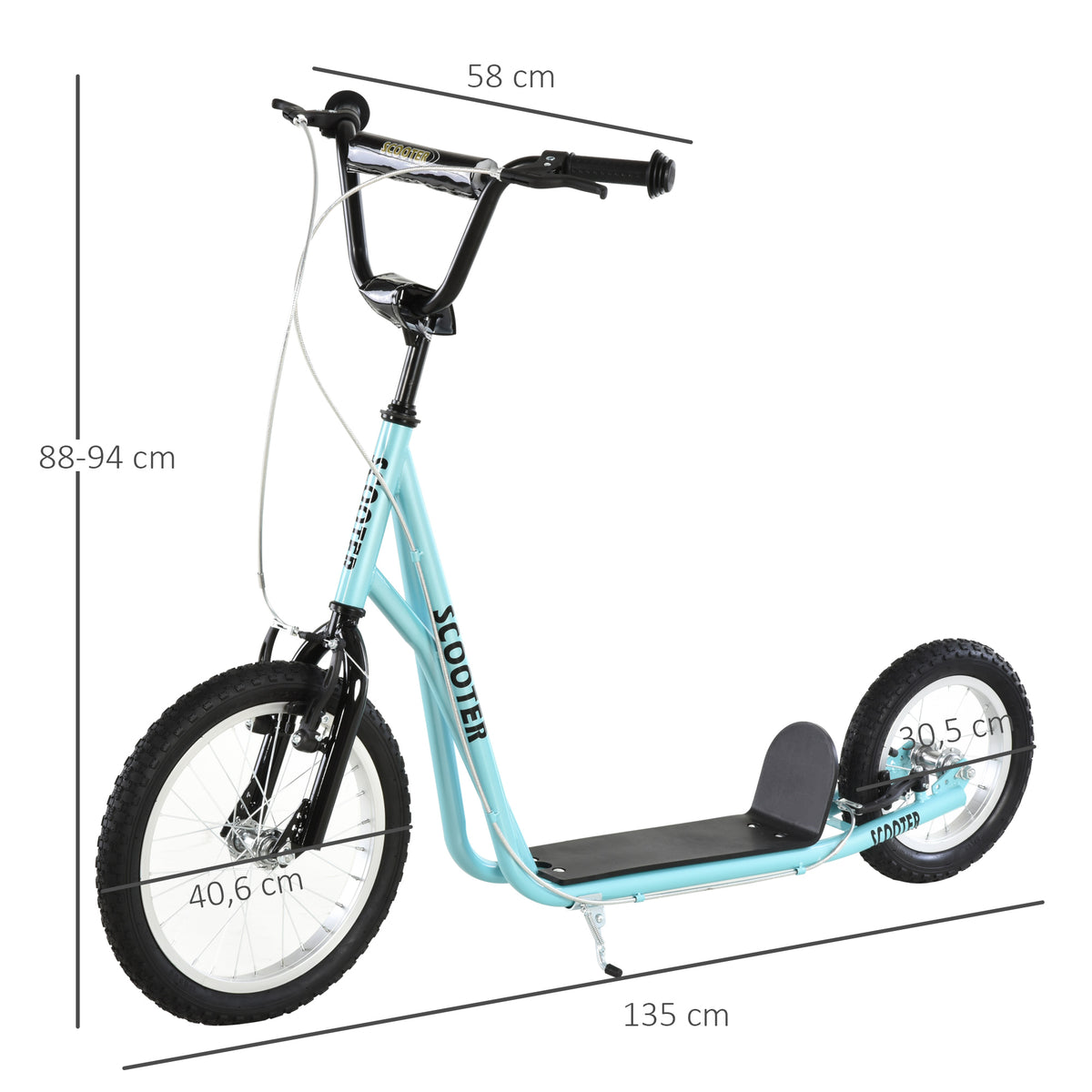 trotinete para crianças acima de 5 anos Com os 2 pneus de borracha infláveis com freio duplo Guiador ajustável em altura Suporte 100 kg 135x58x88-94 cm Azul — foto 3