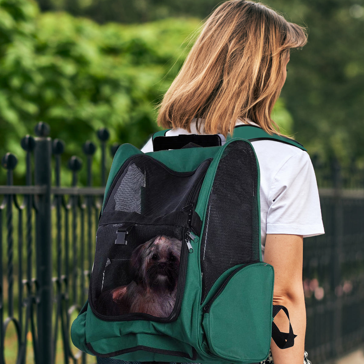 Transportadora 2 em 1 para Animais de Estimação Mochila ou Carrinho de Viagem para Cães e Gatos com 2 Rodas Alça Retrátil de Alumínio e Bolso de Armazenamento 42x25x55cm Verde — foto 2
