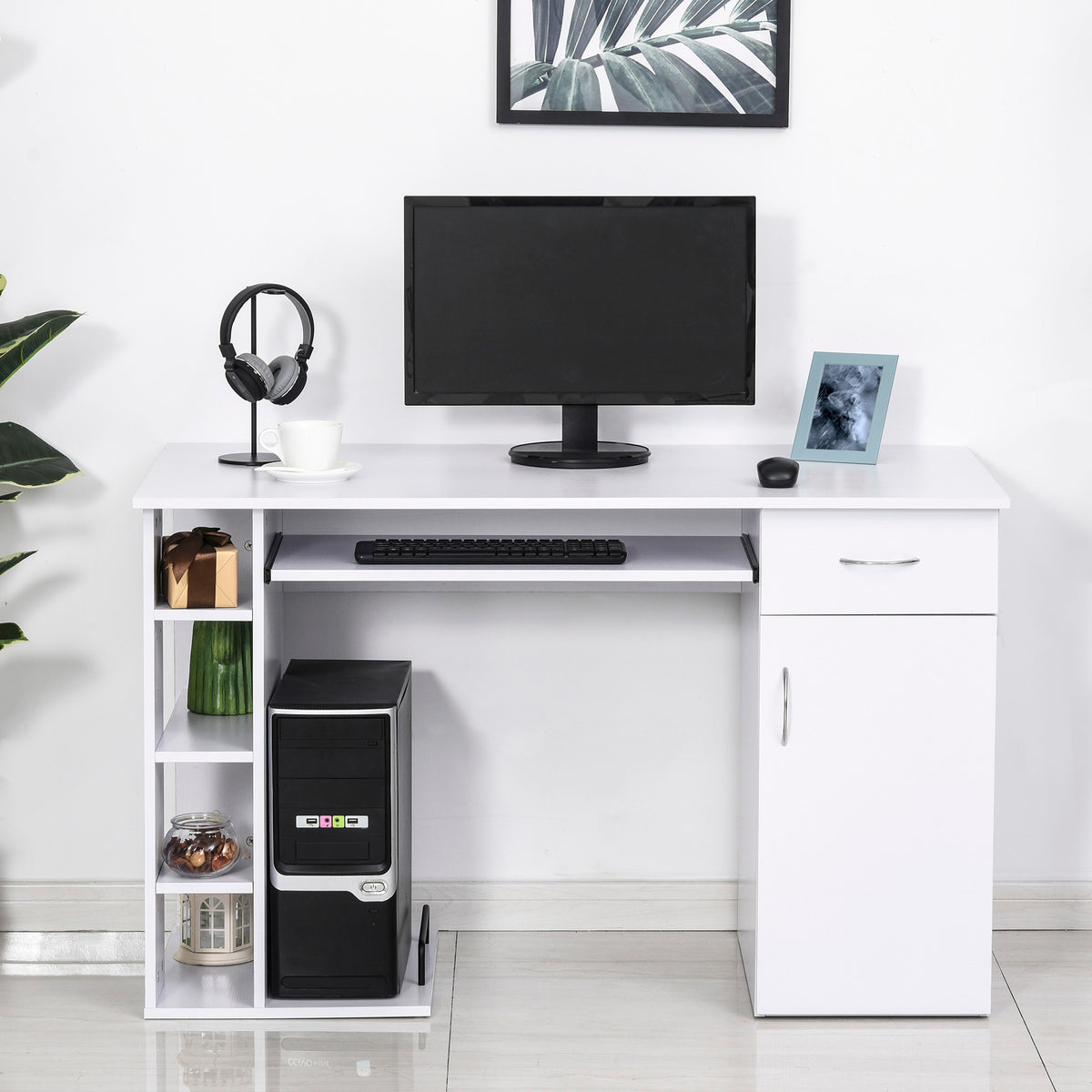Secretária para escritório com prateleiras abertas Gabinete Suporte para CPU e bandeja removível 120x60x74 cm Branco — foto 2