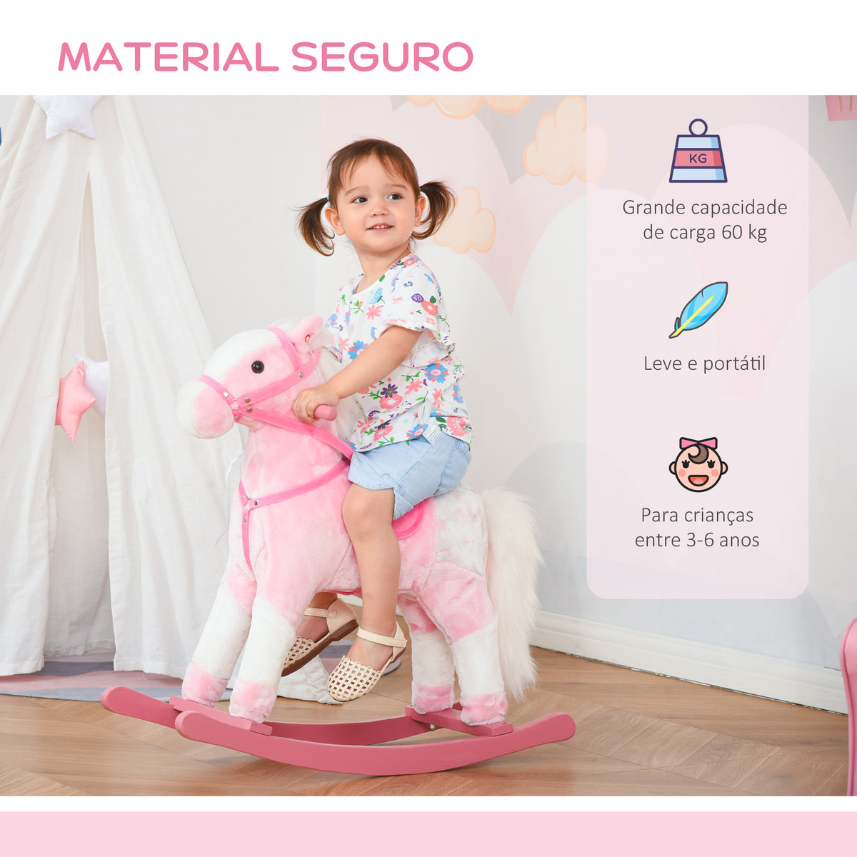 Cavalo Baloiço de Pelúcia para Crianças entre 3-6 Anos com Sons de Relincho 74x28x65 cm Rosa — foto 4
