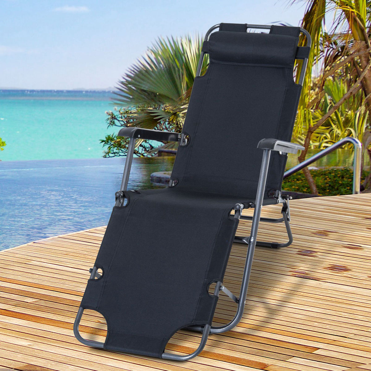 Espreguiçadeira Reclinável e Dobrável com Encosto Ajustável Apoio de Braço Almofada e Apoio para os Pés para Jardim Carga 136 kg 135x60x89 cm preto — foto 2