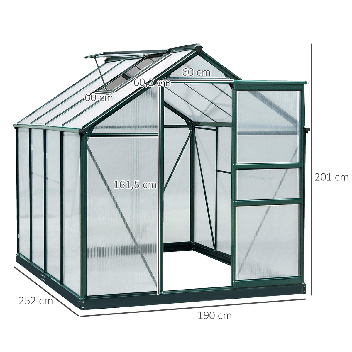 Estufa de Jardim 2x2,5m de Policarbonato e Alumínio Estufa com Clarabóia Proteção UV 30 e Base 4,79 m² para Vasos Cultivos de Plantas e Flores Transparente — foto 3