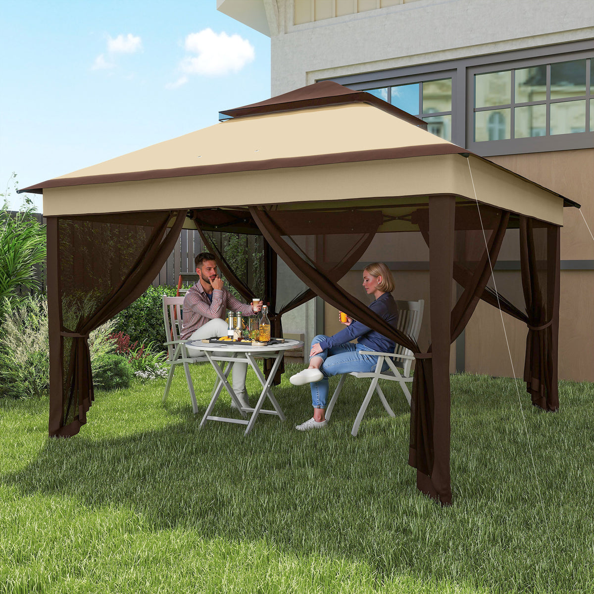 Tenda Dobrável 3,26x3,26x2,72 m Tenda de Jardim com Duplo Teto Altura Ajustável 4 Painéis de Malha Proteção UV30+ e Bolsa de Transporte para Festas Campismo Cinza - Modelo 1 — foto 2
