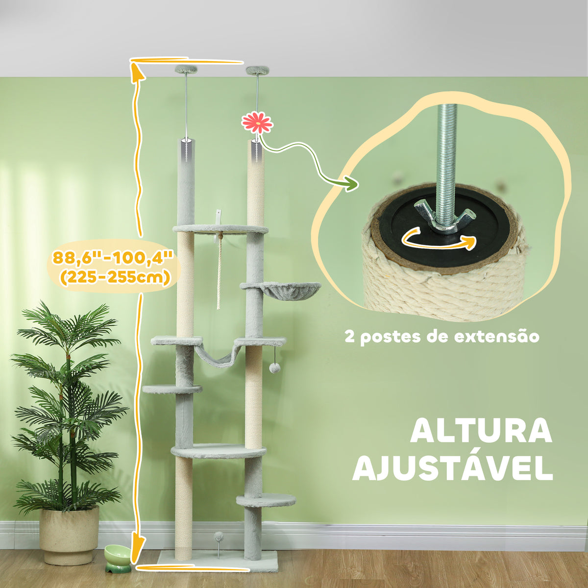 Arranhador para Gatos do Chão ao Teto 225-255 cm Arranhador para Gatos com 7 Níveis Rede Plataformas Postes de Arranhar Bola Suspensa Cinza — foto 4