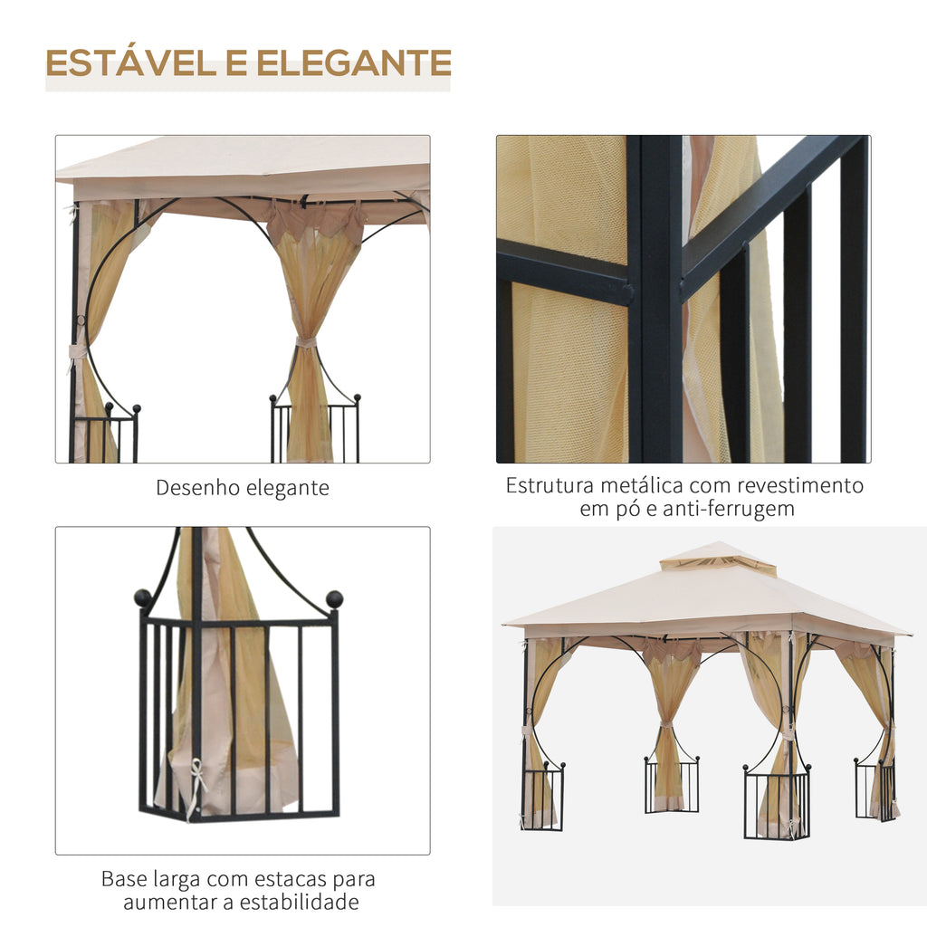 Gazebo de jardim 3x3m com 4 cortinas laterais com zíper e telhado duplo com 8 furos de drenagem bege — foto 5