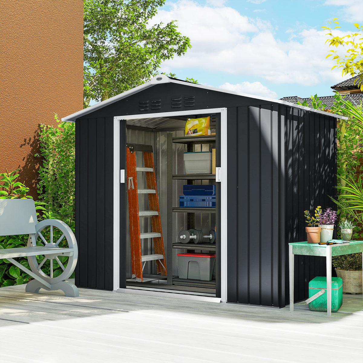 Abrigo de Jardim 2,42 m 213x130x185 cm Abrigo de Jardim Metálico de Exterior para Armazenamento de Ferramentas com 2 Portas Deslizantes e 4 Janelas para Terraço Cinza Escuro — foto 2