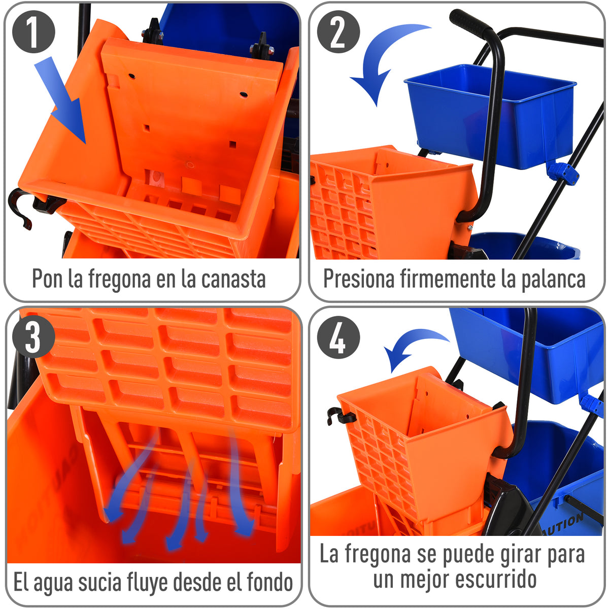 Balde para esfregona comercial Balde para esfregona com escorredor de baixa pressão 26L Capacidade com 4 rodas silenciosas Baldes separados duplos 78x45x95cm Laranja e azul — foto 5