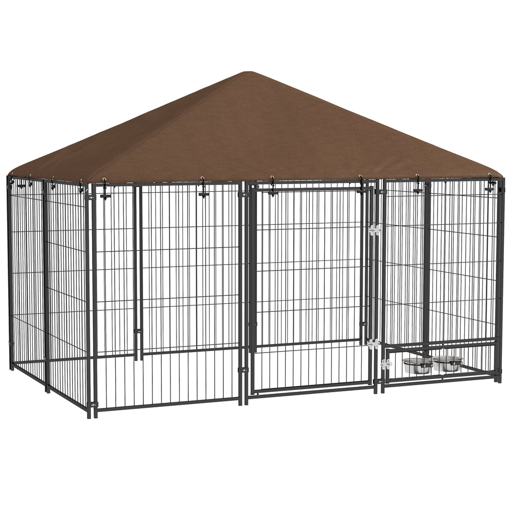 Parque para Cães com Toldo Canil para Exterior com Suporte Giratório para Comida 2 Tigelas Incluídas 211x141x151 cm Preto e Marrom — foto 1