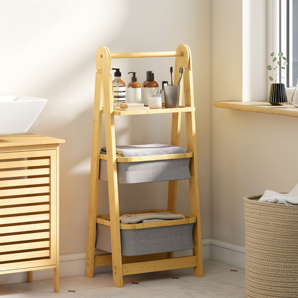 Estante Dobrável para Casa de Banho de Bambu Estante de Casa de Banho com 2 Cestos para Roupa Suja Estante Aberto para Quarto Lavandaria 44,5x32x99 cm Cinzento — foto 2