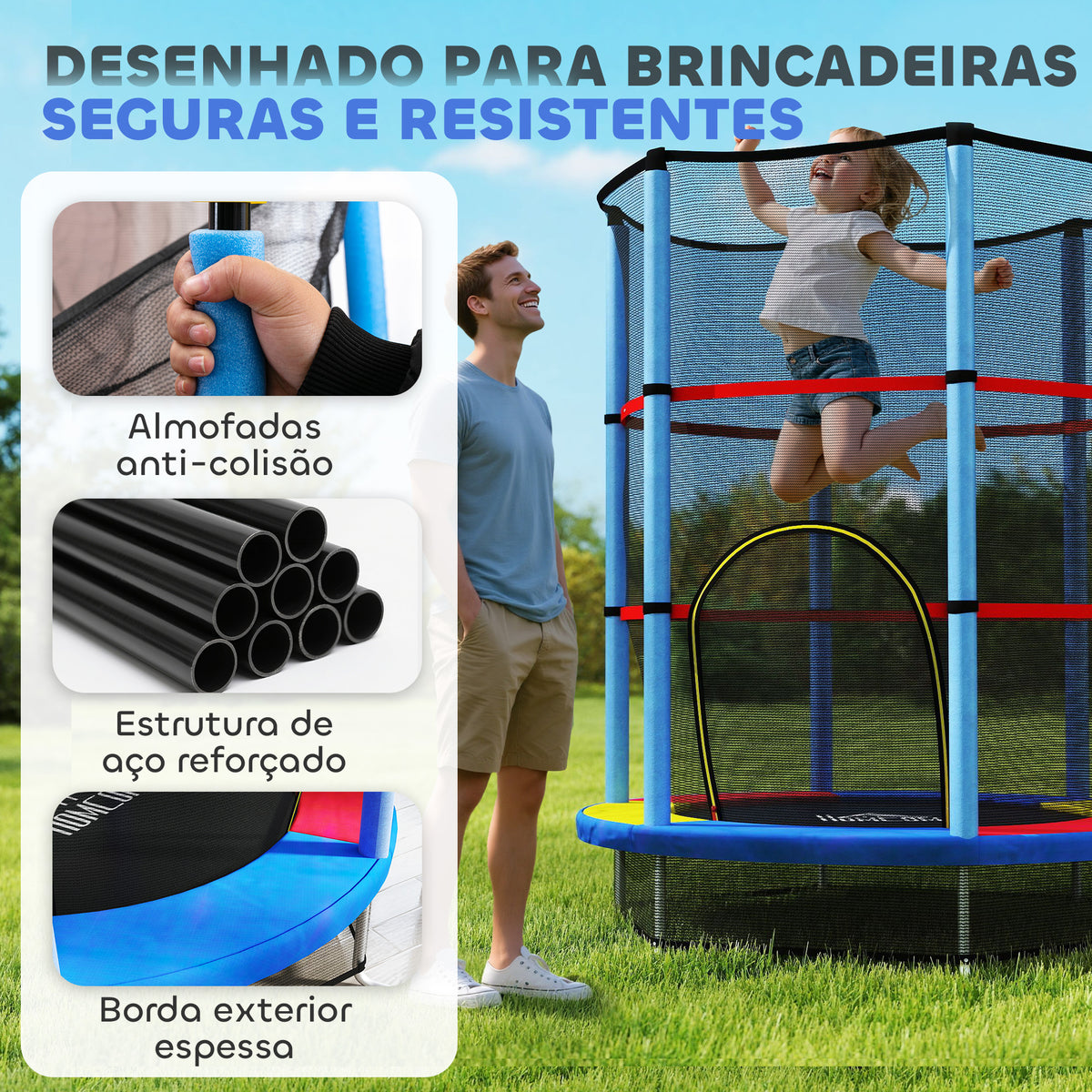Trampolim Infantil Ø107 cm Trampolim para Crianças de 3-6 Anos com Rede de Segurança Carga 45 kg para Interior Ø140x160 cm Azul — foto 4