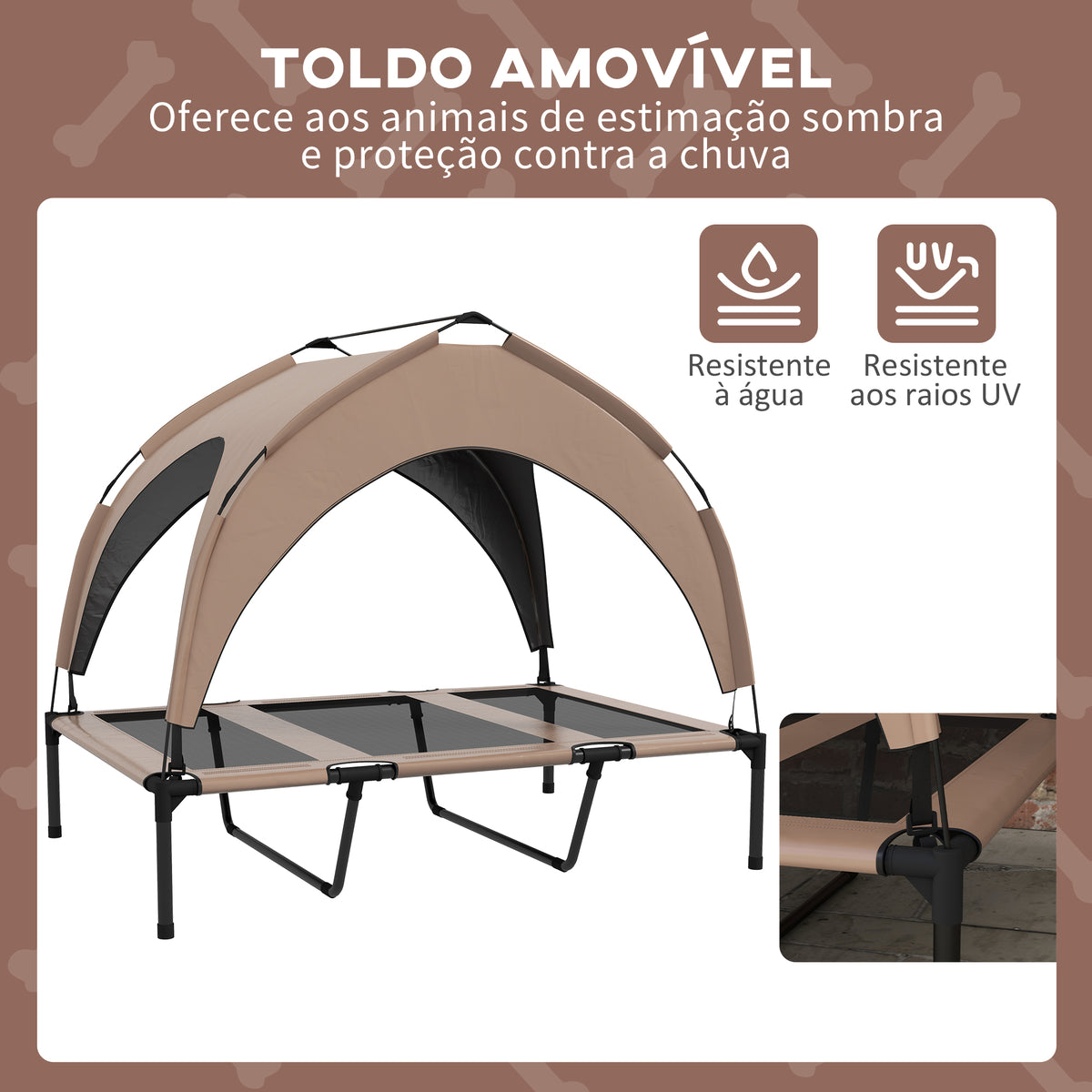 Cama para Cães Elevada com Toldo Cama para Cães Médios com Estrutura de Aço e Bolsa de Transporte para Interior e Exterior 106x76x94 cm Marrom Claro — foto 5