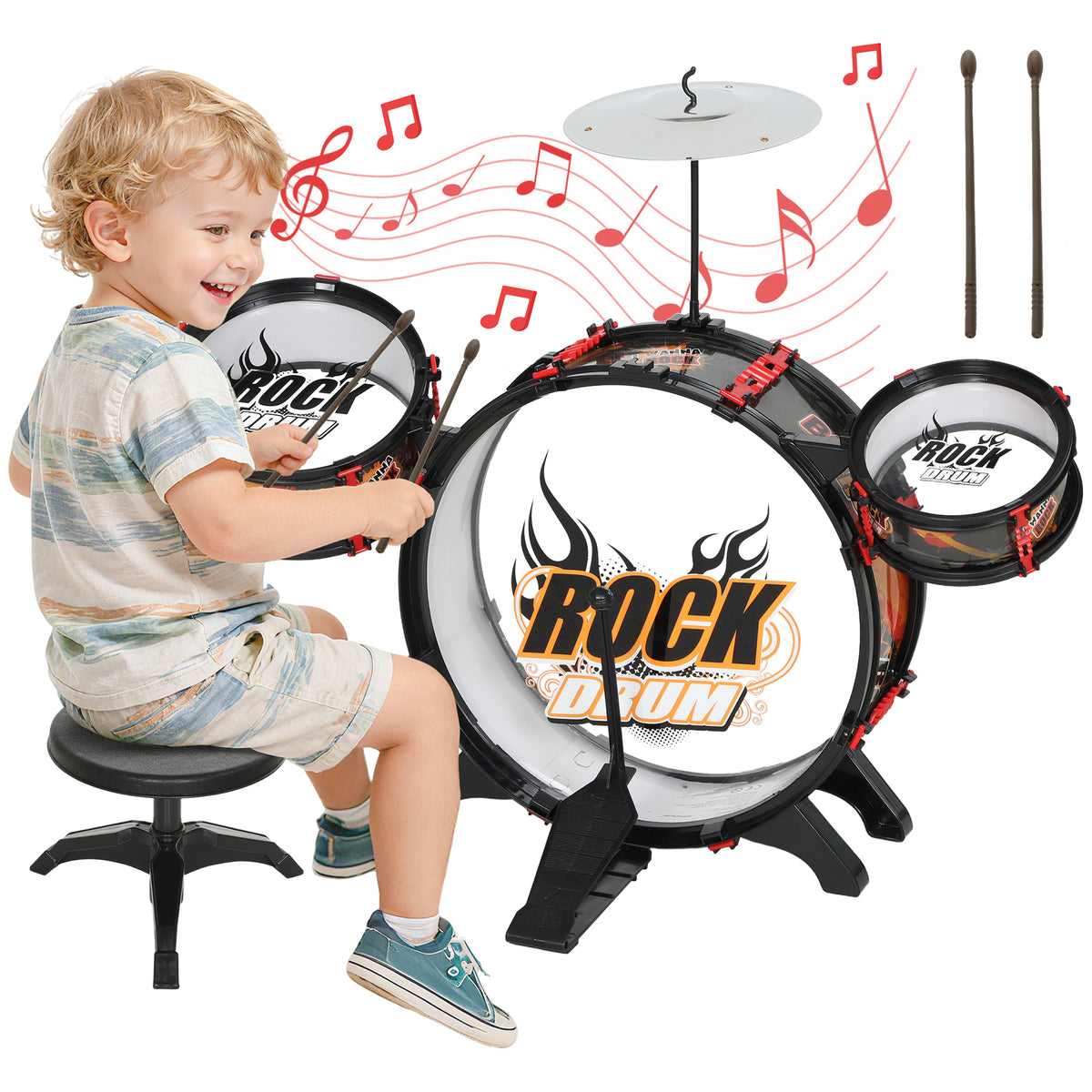 Bateria Infantil com Banco Bateria para Crianças acima de 3 Anos com Tambores Bumbo Prato e Baquetas para Iniciantes 59,5x31,5x59 cm Preto — foto 1