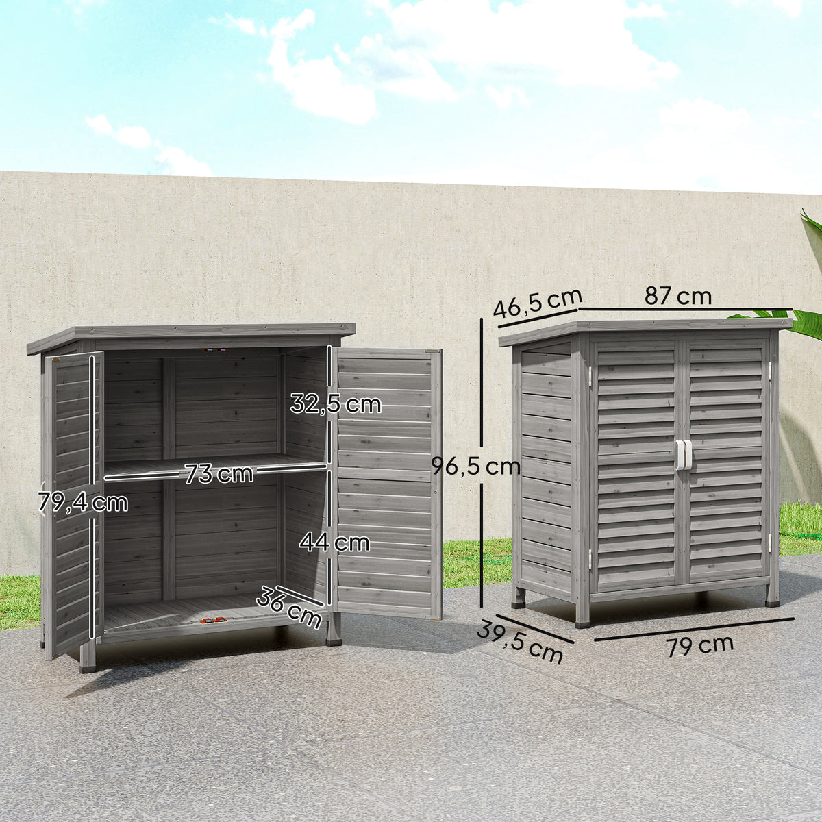 Armário de Armazenamento de Madeira para Jardim com 2 Prateleiras Interiores 2 Portas e Teto Inclinado para Exterior Terraço 87x46,5x96,5cm Cinza — foto 3