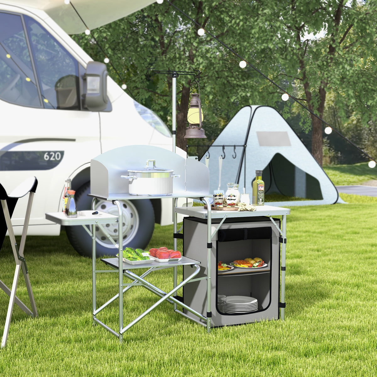 Móvel de Cozinha para Campismo Armário para Campismo Dobrável com Mesas Estante Suporte de Luz Ganchos e Bolsa de Transporte para Campismo Piquenique 144x48x119 cm Prata e Cinza Claro — foto 2