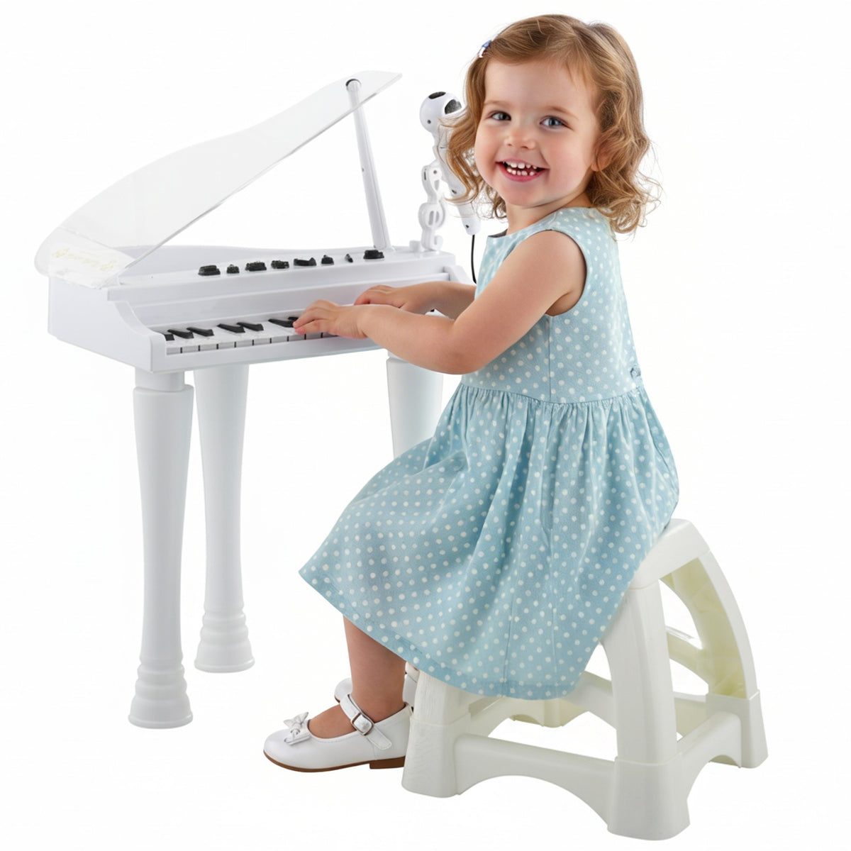 Piano Eletrónico para Crianças com 32 Teclas Piano com Microfone Banco Luzes 22 Músicas 4 Tons Pés Amovíveis e Volume Ajustável 37x30,5x60,4 cm Branco — foto 1