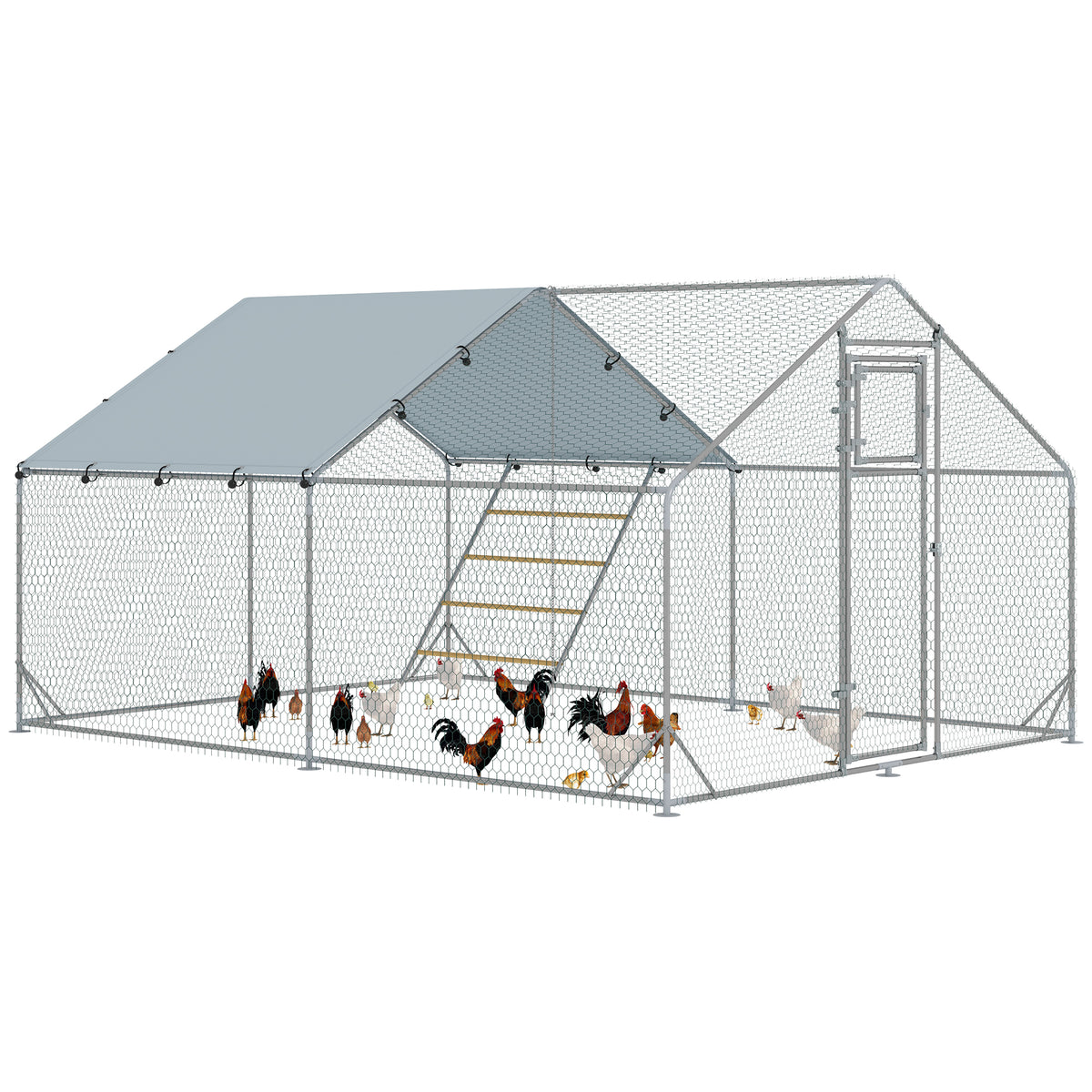 Galinheiro para Exterior 3x4 m Galinheiro de Aço Galvanizado com Comedouro Suspenso Tipo Espeto Poleiro Cobertura Anti-UV e Impermeável para Coelhos Patos Gansos Prata — foto 1