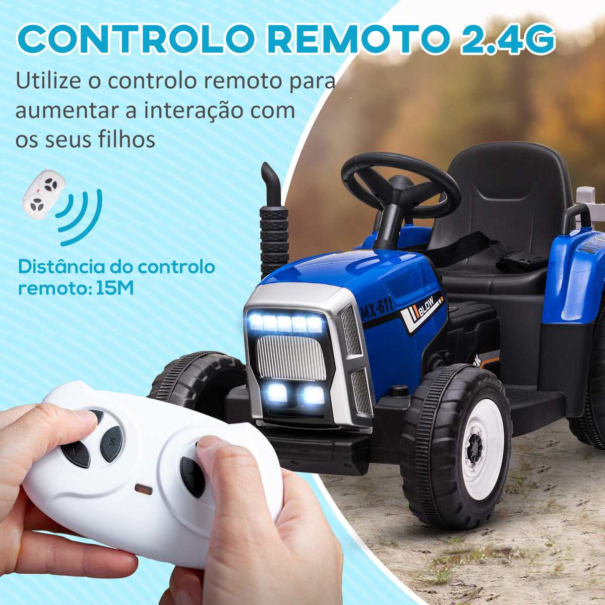 Trator Elétrico com Reboque Amovível Carro Elétrico para Crianças 3-6 Anos com Controlo Remoto Música MP3 Luzes e Cinto de Segurança 136,5x50x52,5 cm Azul — foto 5