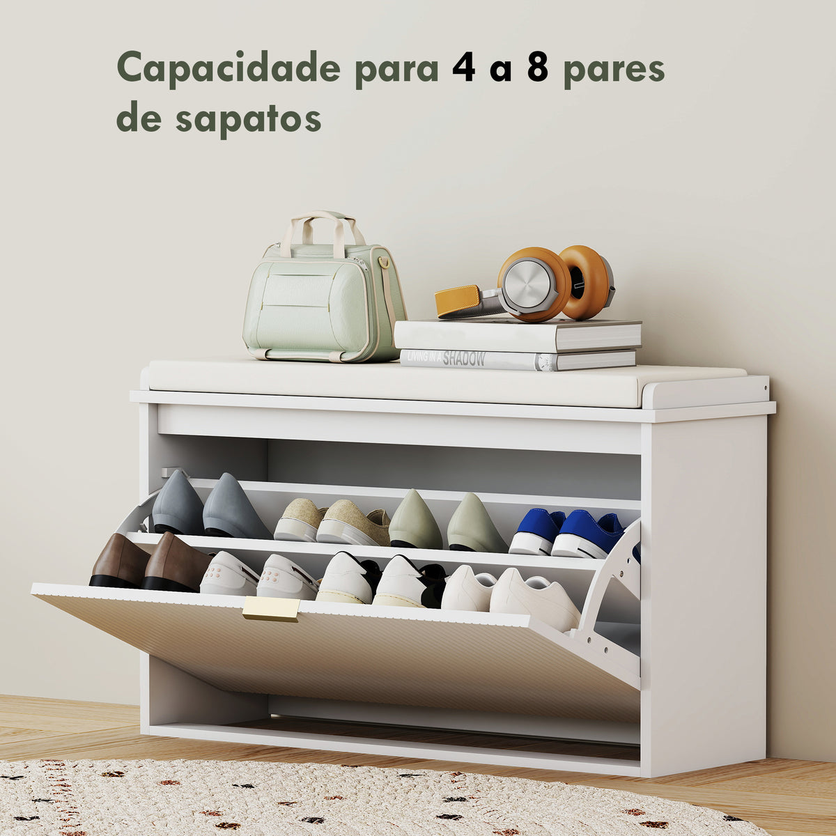 Banco Sapateira Móvel Sapateira Estreito Banco de Entrada com Assento Estofado Caixa Rebatível e Painel de Ripas para Entrada Quarto Sala de Estar 80x26x47,5 cm Branco — foto 5