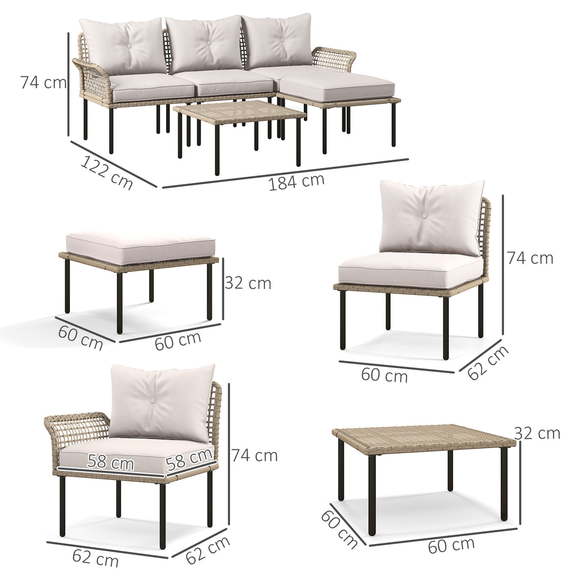 Conjunto de Jardim em Vime Sintético Conjunto de Móveis de Exterior com Sofá de 4 Módulos 1 Mesa de Centro e Almofadas Creme — foto 3