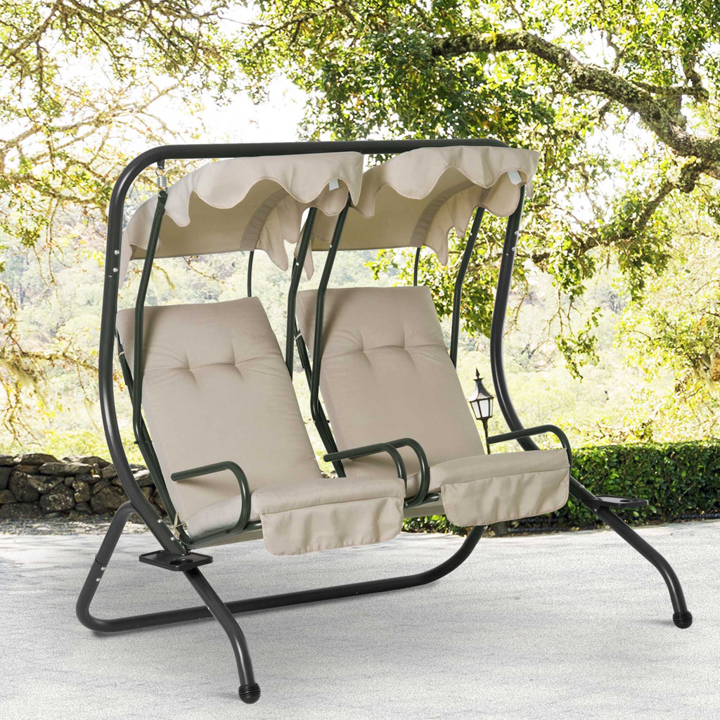 Baloiço de Jardim com 2 Lugares Individuais com Teto e Suporte para Bebida para Terraço Balcão Exterior 170x136x170 cm Bege — foto 2