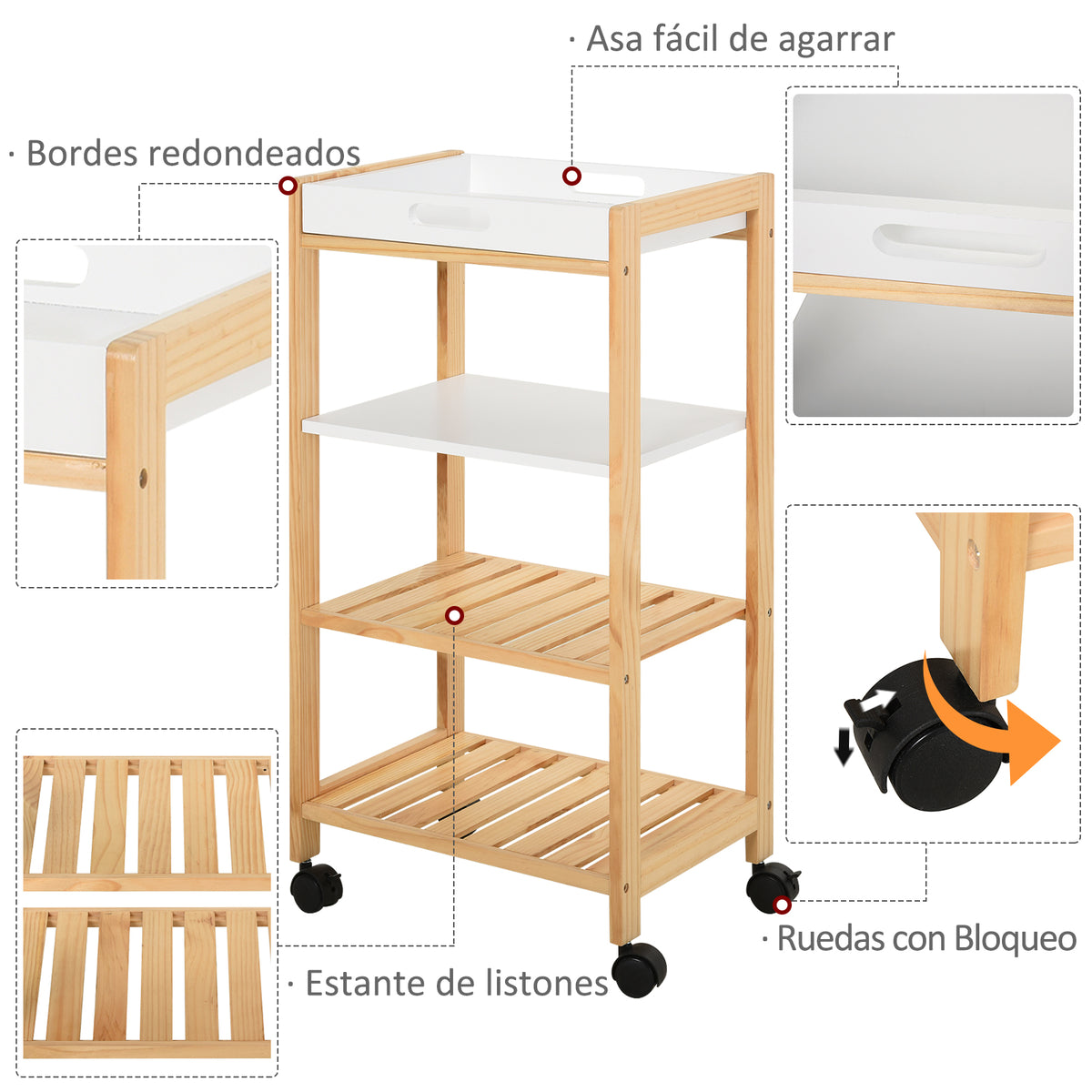 Carrinho de cozinha Carrinho de serviço doméstico de 4 niveis com bandeja removível Prateleira universal de rodas 40x30x76cm Madeira branca — foto 5