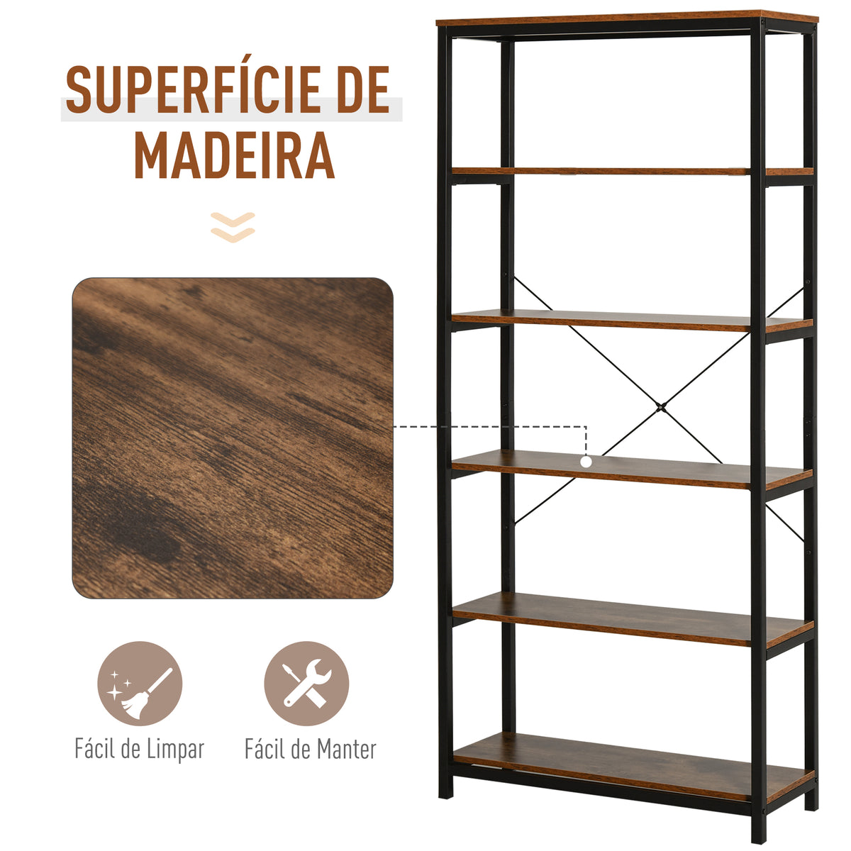 Estantes de estilo industrial com 6 prateleiras abertas para livros Armazenamento da sala de estar Escritório 80x30x180 cm Castanho Rústico — foto 4