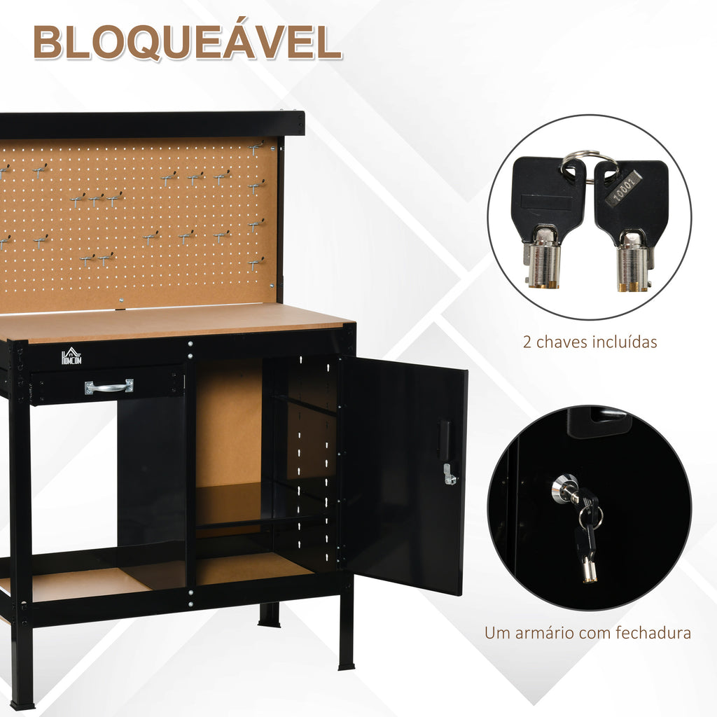 Bancada de Trabalho 98,5x48x140 cm Carga 100 kg Mesa de Trabalho com Painel Perfurado Gaveta Prateleira e Armário com Fechadura Preto — foto 6