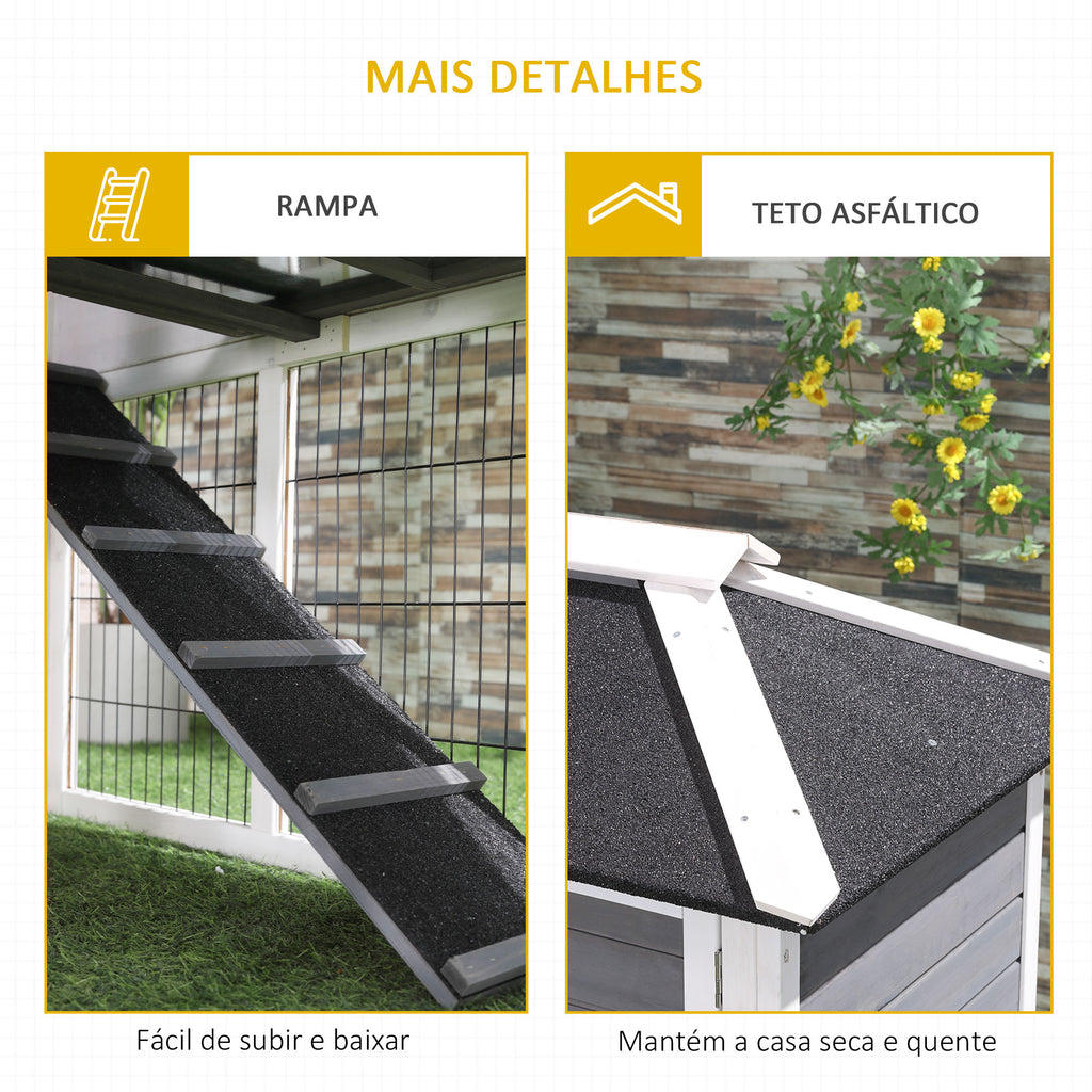 Coelheira de Madeira Exterior Gaiola Elevada para 2 Coelhos com Teto Asfáltico Cerca de Metal Bandeja Removível Múltiplas Portas e Rampa 117x62,5x115cm Cinza — foto 7