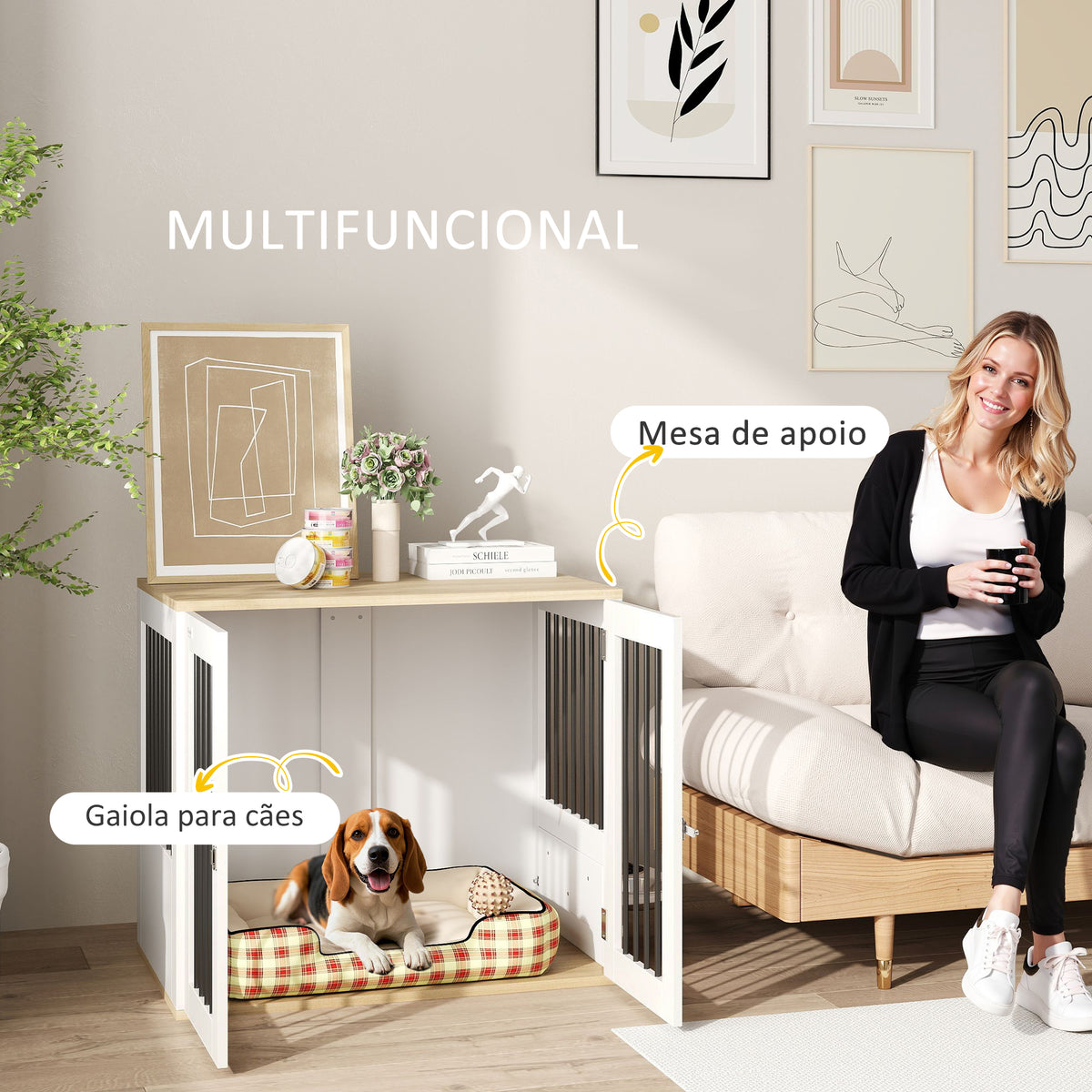 Gaiola para Cães Médios 2 em 1 Mesa Auxiliar com 2 Portas com Trava Comedouro Giratório de 360° 2 Tigelas e Almofadas Antiderrapantes 80x55x71,5 cm Branco — foto 5