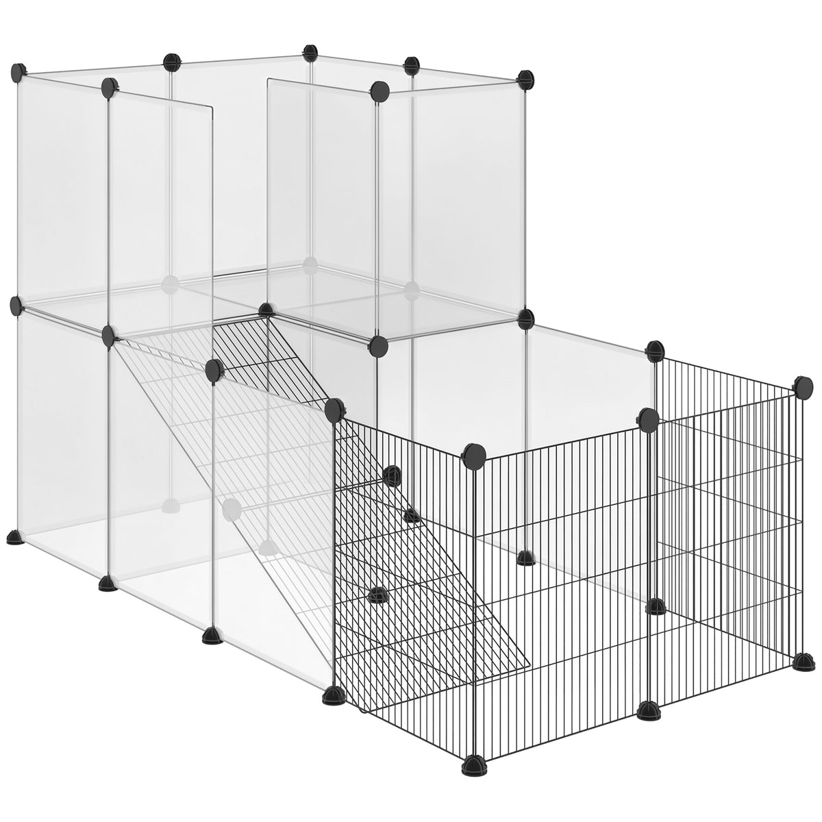 Recinto para Animais de Estimação Pequenos DIY com 21 Painéis de Resina e 6 Painéis de Arame Recinto Modular de Plástico para Hamsters Cobaias Coelhos 140x70x90cm Transparente e Preto — foto 1