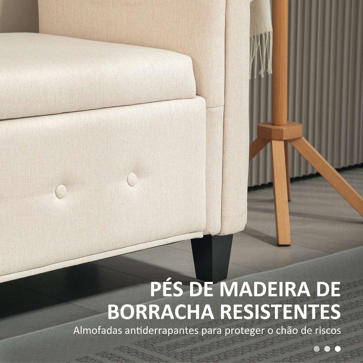 Banco de Pé de Cama Banco de Armazenamento de Linho com Dobradiças na Tampa Pés de Madeira e Apoio para os Braços para Dormitórios Sala de Estar Corredor Carga 150kg 146,5x49x74,5 cm Bege — foto 5