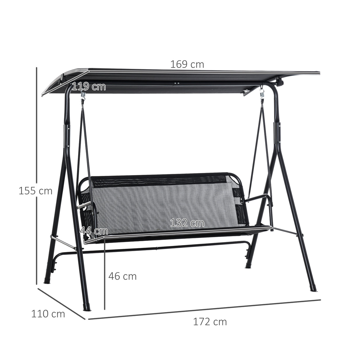 Baloiço de Jardim de 2 Lugares Baloiço com Teto Ajustável em Ângulo para Terraço Balcão Carga Máxima 200kg Aço 172x110x155cm Preto — foto 3