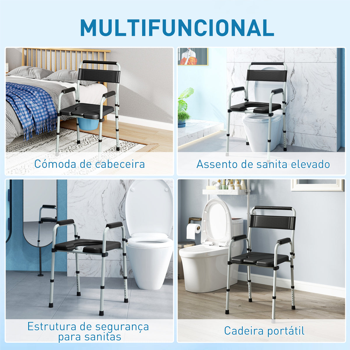 Cadeira Sanita para Pessoas Maiores Dobrável Cadeira com Sanita Altura Ajustável Cubo e Almofadas Antiderrapantes Carga 150 kg 52,5x46x81,5-97 cm Preto — foto 4